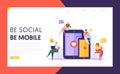 Social Media Communication Technology Characters Landing Page Templpate. Group of Flat People Chat in Mobile and Tablet Royalty Free Stock Photo