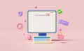 Social media with computer monitor icons 3d, chat bubbles, check marks isolated on pink background. seo communication applications Royalty Free Stock Photo