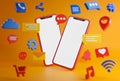 Social Media Concept. Cartoon Device with icons Mockup Orange Background 3D Rendering