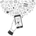 Social media concept. Doodle smartphone with communication and social network symbols vector illustration set. Hand