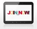 Social media concept: Tablet Pc Computer with Join now! on display Royalty Free Stock Photo