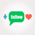 Social media concept. word Follow . Speech clouds stickers, arrow and heart