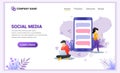 Social media concept with young man and young girl using mobile phone and laptop. Can use for mobile app template, landing page, Royalty Free Stock Photo