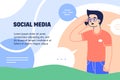 Social media concept. Young man talking on smartphone. Banner template with speech bubbles. Flat vector illustration Royalty Free Stock Photo