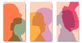 Social media covers set. Womens head silhouette. Abstract diversity girls profile. Female community. Racial equality. Allyship.