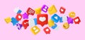 Social media 3d concept. Thumbs up, heart like and smile emoji. Favourites star, comment and notification bell icons