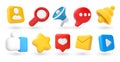 Social media 3D icons. Notification bell, thumb up like, favorites star and comment button. Search, marketing megaphone