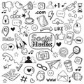 Social media doodle. Internet website doodles, social network communication and online web hand drawn vector icons set Royalty Free Stock Photo