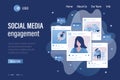 Social media engagement landing page template. Photos and posts with like, comments, hearts. Online networking, chatting