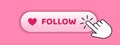 Social media follow button with heart icon and hand pointer, including mobile app interface and search bar design, perfect for Royalty Free Stock Photo