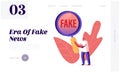 Social Media Forgery Information Landing Page Template. Male Character with Huge Magnifying Glass Looking on Fake News
