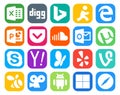 20 Social Media Icon Pack Including yelp. search. sound. yahoo. skype