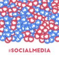 Social media icons in abstract shape background with scattered thumbs up and hearts.
