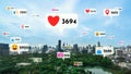 Social media icons fly over city downtown showing people reciprocity connection