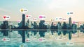 Social media icons fly over city downtown showing people reciprocity connection