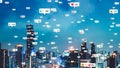 Social media icons fly over city downtown showing people reciprocity connection