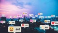 Social media icons fly over city downtown showing people reciprocity connection