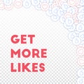 Social media icons. Get more likes concept. Falling scattered thumbs up hearts. Juicy abstract right