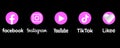 Social media icons in pink color: YouTube, Instagram, Facebook, TikTok, Likee - follow and subscribe