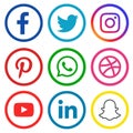 Colorful social media icons set of facebook twitter instagram pinterest whatsapp dribble you-tube dribbble linked in and snap-chat Royalty Free Stock Photo