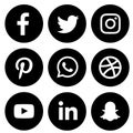 Black & white Social media icons set of facebook twitter instagram pinterest whatsapp dribbble you-tube linked in and snap-chat Royalty Free Stock Photo