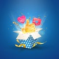 Social media influence. Blue box with like vector icons 3d vector illustration.