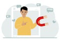 Social media influencer. A man holds a magnet in a social profile frame. Various icons.