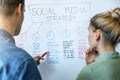 Social media and influencer marketing concept - people discussing strategy plan on whiteboard in office Royalty Free Stock Photo