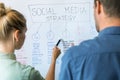 Social media and influencer marketing concept - people discussing strategy plan on whiteboard in office Royalty Free Stock Photo