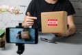 Social media influencer recording product unboxing video. online marketing Royalty Free Stock Photo