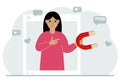 Social media influencer. A woman holds a magnet in a social profile frame. Various icons.