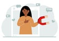 Social media influencer. A woman holds a magnet in a social profile frame. Various icons.