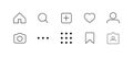 Social media interface set buttons, icons: home camera comment search photo camera heart like user story.