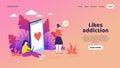 Social media landing page. Trendy mockup with cartoon customer characters get like notifications. Vector thumbs-up web