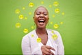 Social media, laughing and emoji icon of a woman or influencer for funny meme app. Face of African person for online