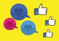 Social media likes and thumbs up icons yellow background Royalty Free Stock Photo