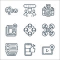 Social media line icons. linear set. quality vector line set such as video player, smartphone, comments, drone, network, news,