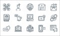 Social media line icons. linear set. quality vector line set such as viral, camera, bubble speech, smartphone, laptop, contact