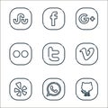 social media logos line icons. linear set. quality vector line set such as github, whatsapp, yelp, vimeo, twitter, flickr, google