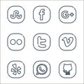 social media logos line icons. linear set. quality vector line set such as github, whatsapp, yelp, vimeo, twitter, flickr, google