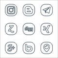 social media logos line icons. linear set. quality vector line set such as periscope, bebo, google plus, xing, digg, zerply,