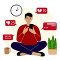 Social media marketing and audience growth. Angry man sitting with mobile and browsing the net. Royalty Free Stock Photo