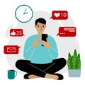 Social media marketing and audience growth. Man sitting with mobile. Communication, getting sympathy and hearts