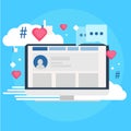 Social media marketing banner. Computer with likes, cloud, comment, hashtags