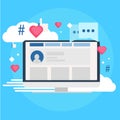 Social media marketing banner. Computer with likes, cloud, comment, hashtags Royalty Free Stock Photo