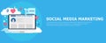 Social media marketing banner. Computer with likes, cloud, comment, hashtags Royalty Free Stock Photo