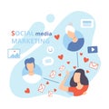 Social Media Marketing, Business Characters Social Communication, Network Business Strategy, Online Promotion Flat Royalty Free Stock Photo