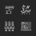 Social media marketing chalk white icons set on black background. Review rating. Fan meeting. Loyal audience Royalty Free Stock Photo