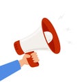 Social media marketing concept. Hand hold megaphone. Speaker, loudspeaker. Advertising and promotion symbol. Bullhorn Royalty Free Stock Photo