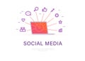 Social media marketing concept with laptop and video, media, review, communication linear icons metaphor. Royalty Free Stock Photo